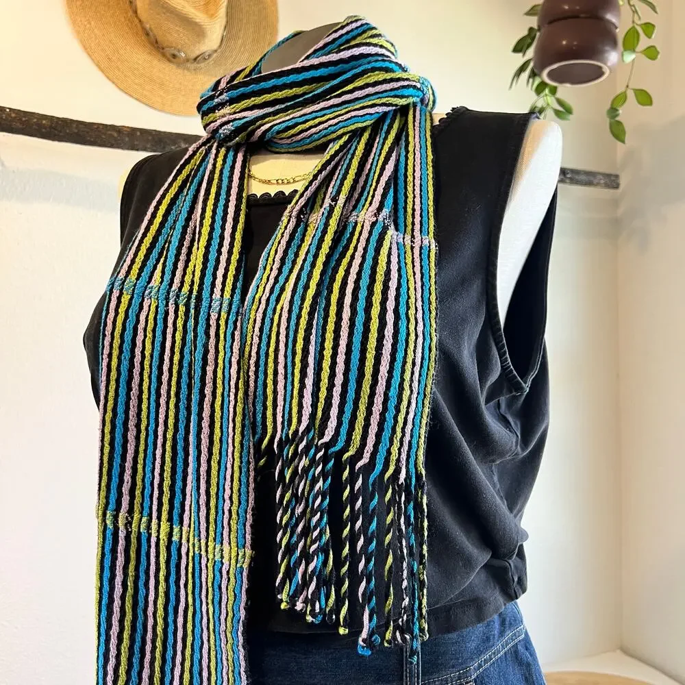 Y2K Blue, Purple, Green Striped Scarf with Fringe Trim Soft Woven Knit